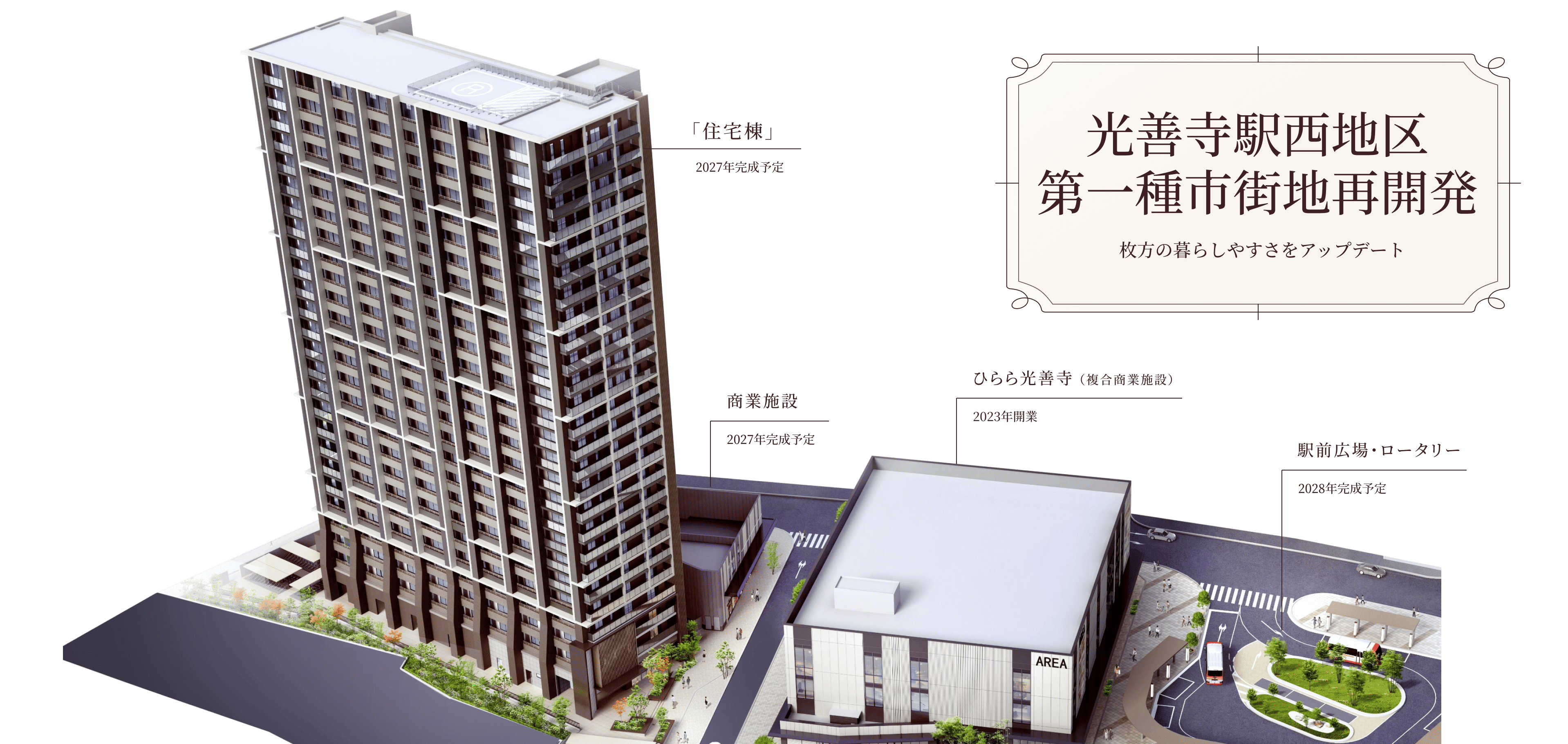「光善寺駅前 第一種市街地再開発 枚方の暮らしやすさをアップデート」 光善寺駅西地区第一種市街地再開発事業完成イメージパース