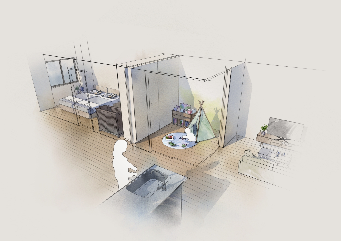 F2タイプ リビング・ダイニング、キッチン、キッズスペース、主寝室　イメージイラスト