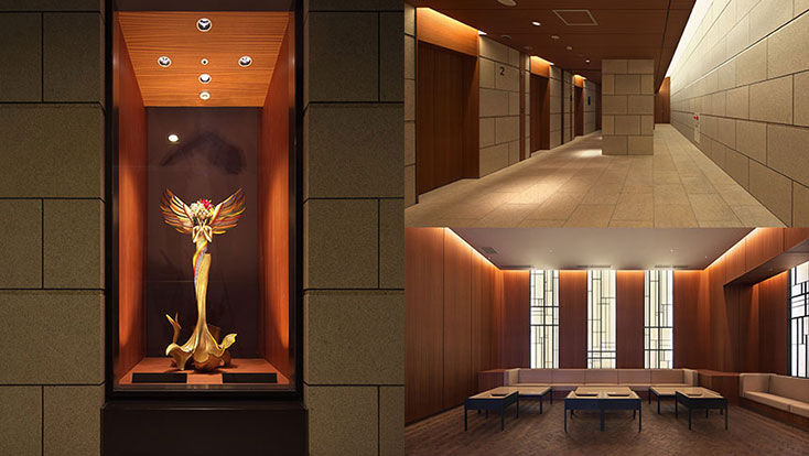 左：エントランス前オブジェ（2012年9月撮影）、右上：エレベーターホール(2012年9月撮影)、右下：エントランスホールラウンジ(2012年9月撮影)