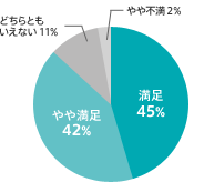 満足 45% やや満足 42% どちらともいえない 11% やや不満 2%