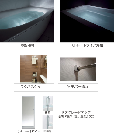 弓型浴槽 ストレートライン浴槽 ラクバスケット 物干しバー追加 ドアグレードアップ